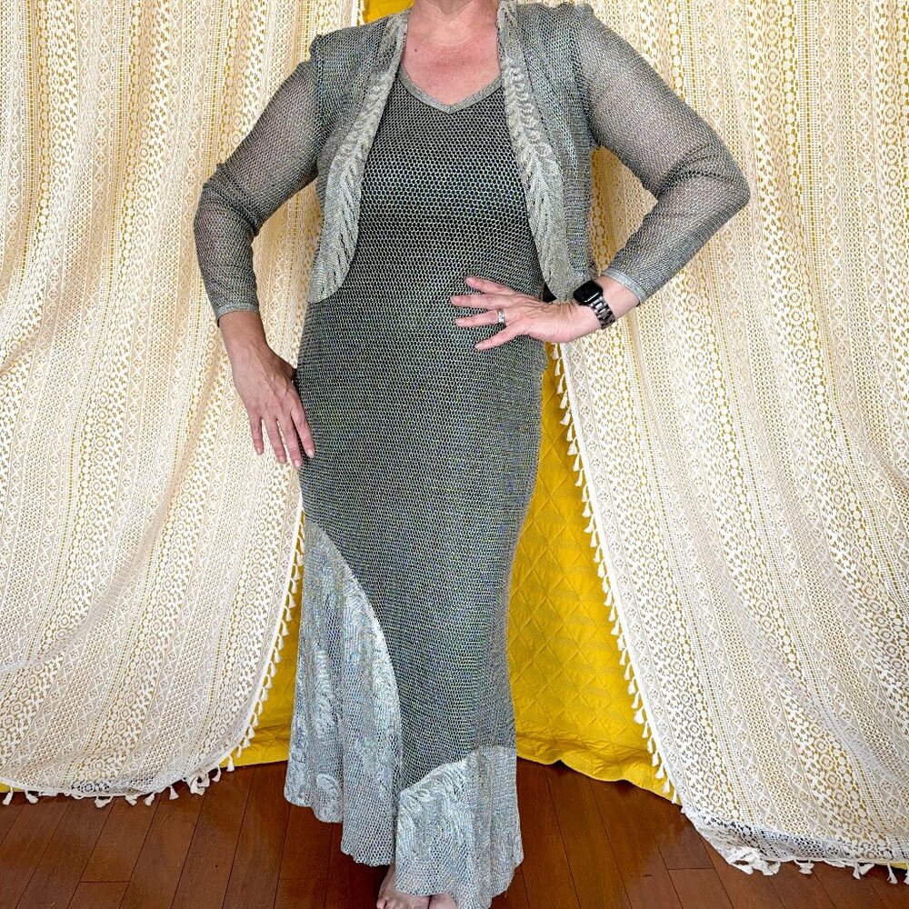 VTG 90s Damianou Silver Mesh/Lace Sexy Party Prom Evening Gown 2-Piece